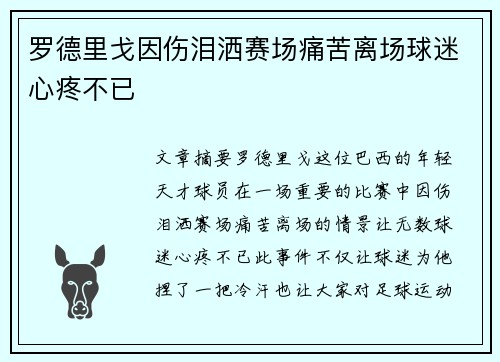 罗德里戈因伤泪洒赛场痛苦离场球迷心疼不已
