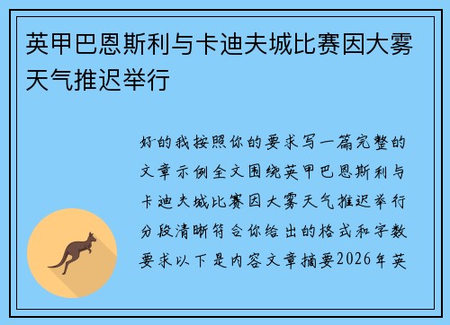 英甲巴恩斯利与卡迪夫城比赛因大雾天气推迟举行