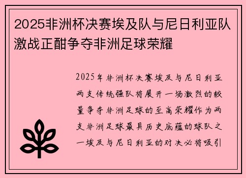 2025非洲杯决赛埃及队与尼日利亚队激战正酣争夺非洲足球荣耀