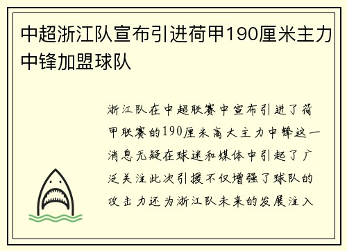 中超浙江队宣布引进荷甲190厘米主力中锋加盟球队