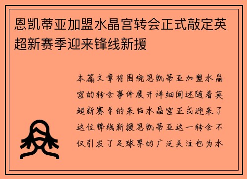 恩凯蒂亚加盟水晶宫转会正式敲定英超新赛季迎来锋线新援