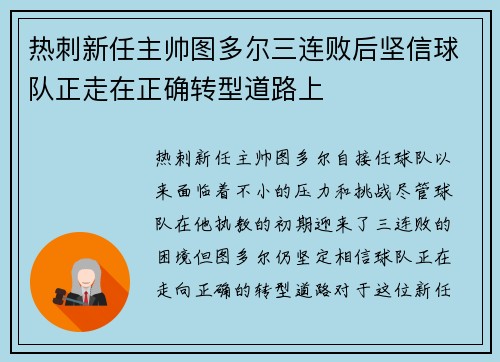 热刺新任主帅图多尔三连败后坚信球队正走在正确转型道路上